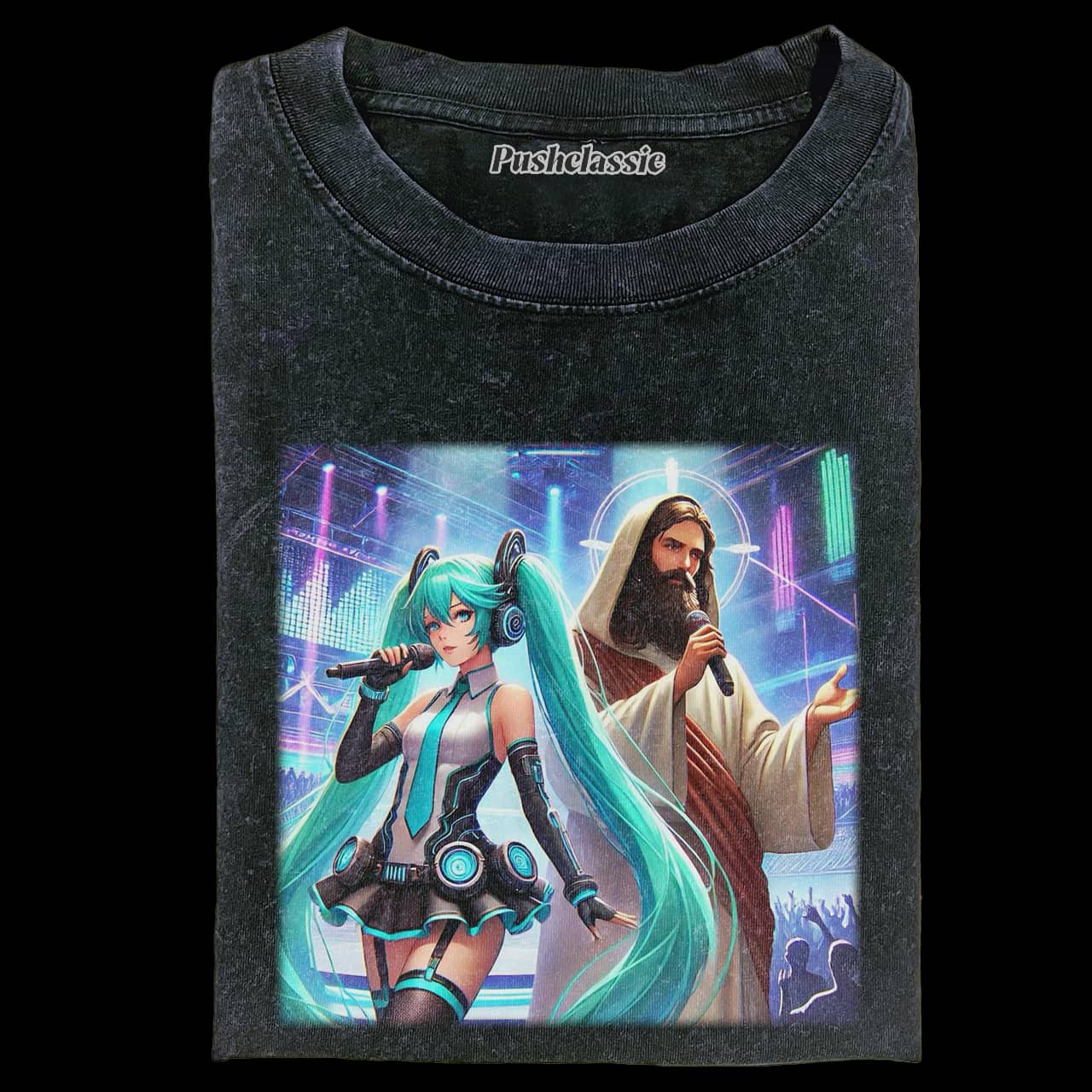 THE JESUS AND MIKU FUNNY WASHED T-SHIRT