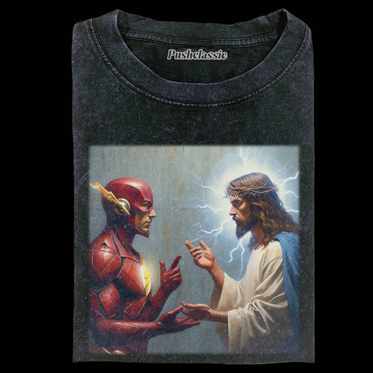 THE JESUS AND THE FLASH FUNNY WASHED T-SHEIRT