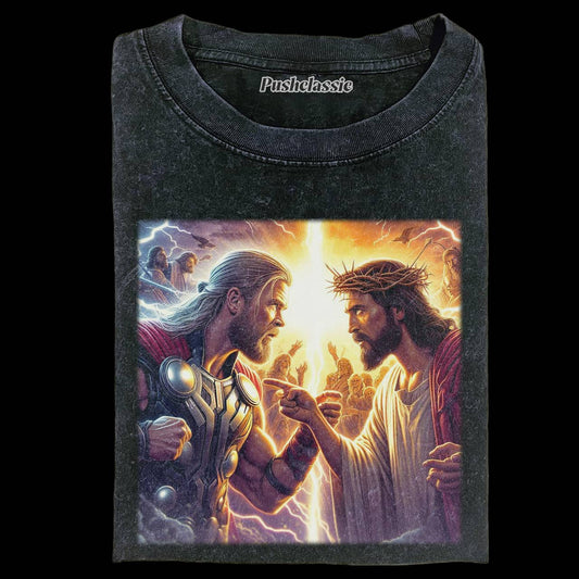 THE JESUS AND THOR FUNNY WASHED T-SHEIRT