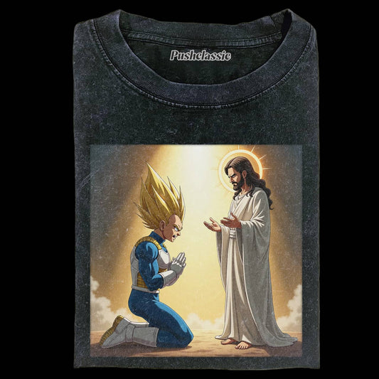 THE JESUS AND VEGETA FUNNY WASHED T-SHEIRT