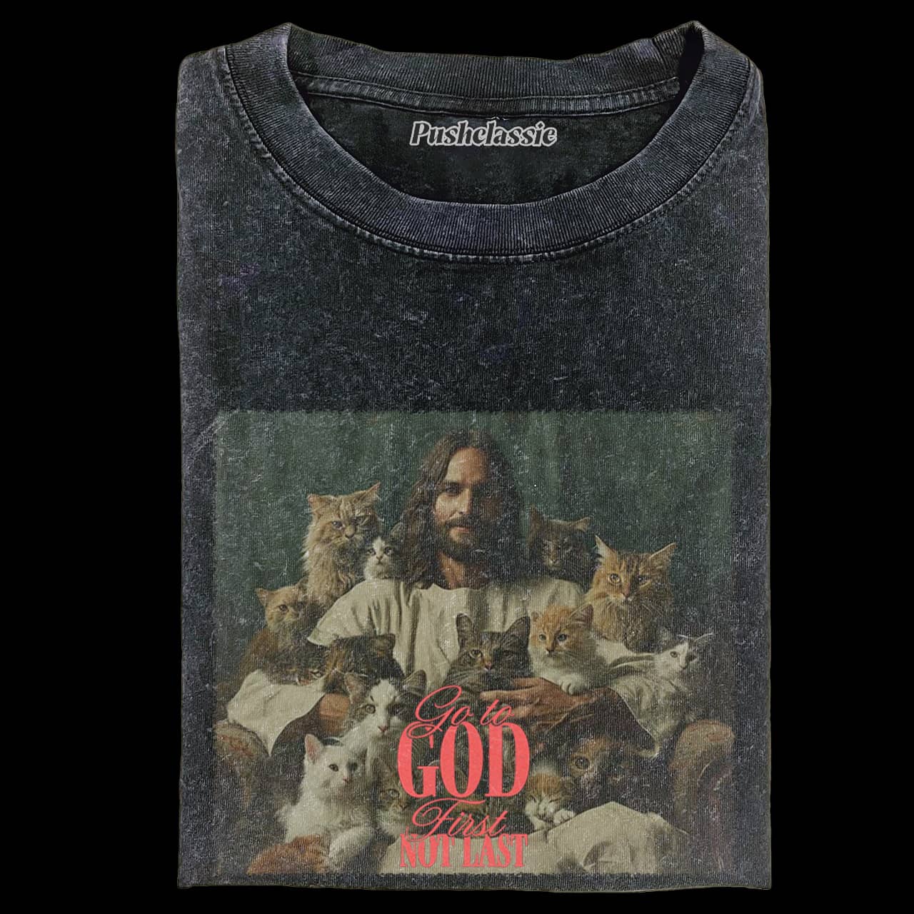 THE JESUS AND CAT FUNNY WASHED T-SHIRT