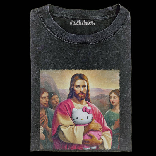 THE JESUS AND KITTY FUNNY WASHED T-SHIRT